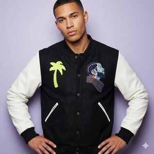 Roku Studio Mens Varsity Jacket Black White Sugar Skull Respect Palm Tree Size M